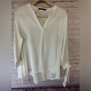 Doe & Rae Cream Cotton Tie Sleeve Festival Boho V Neck Crinkle Popover Top Large